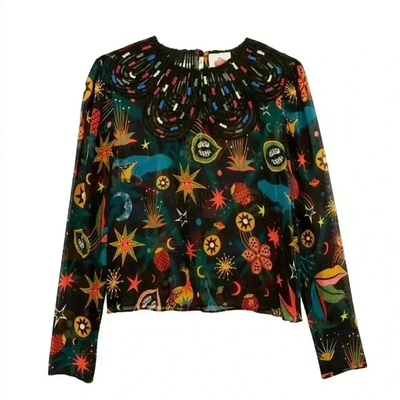 FARM Rio Tops - NWT Farm Rio Cerrado Sky Embroidered Long Sleeve Blouse Top Black S